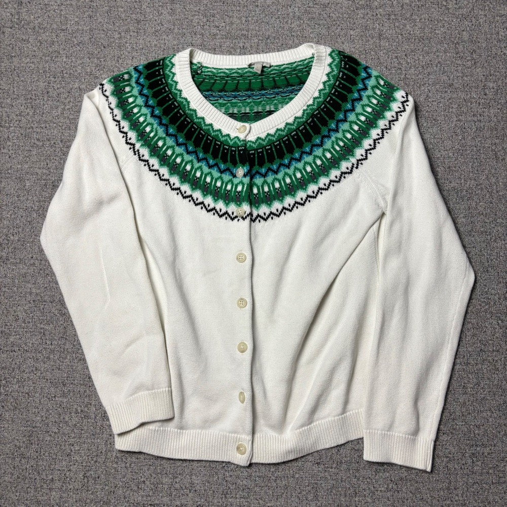Talbots Cardigan Womens Large Fair Isle Nordic White Green Blue Button Front